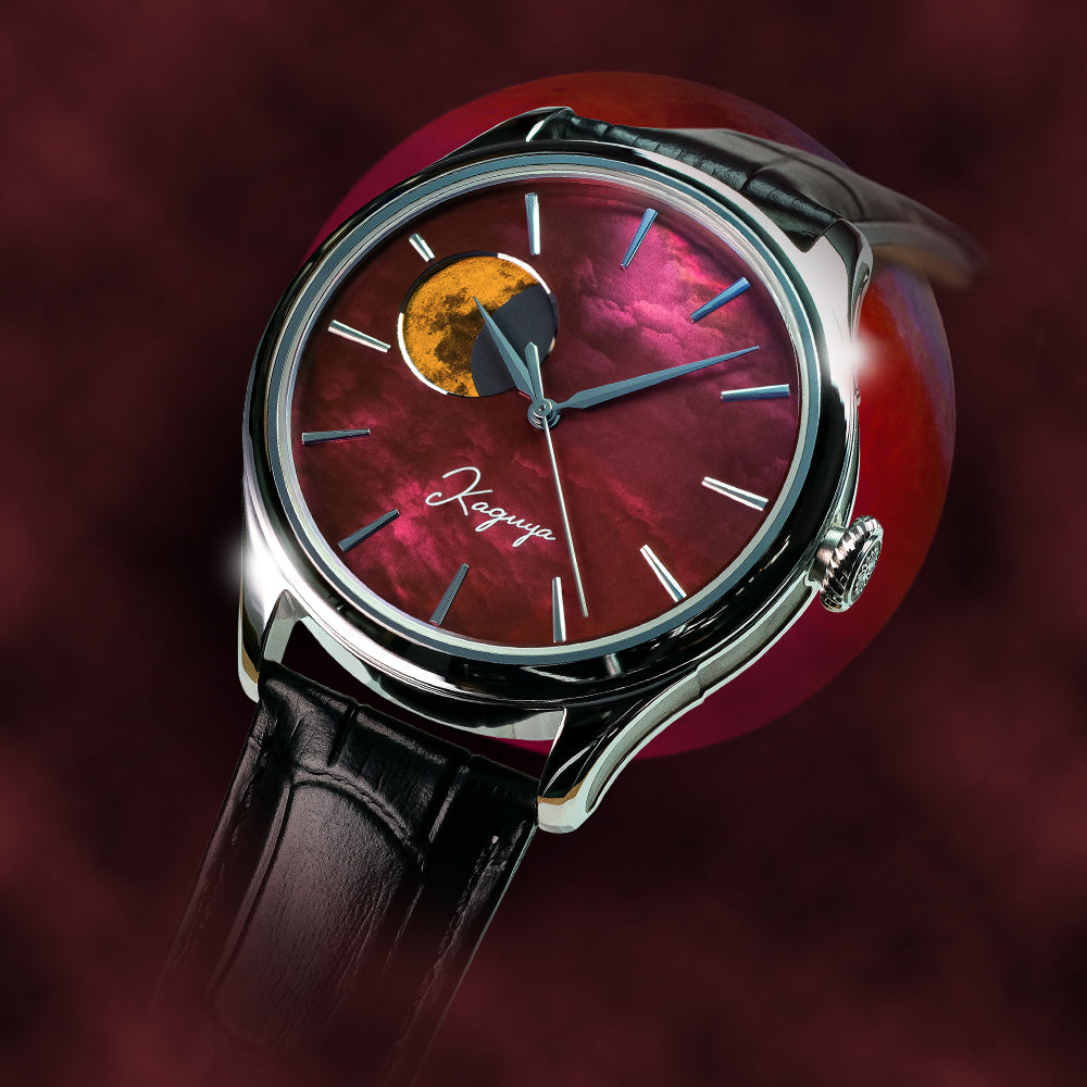 「赤フェイス × ブラックイタリアンレザーストラップ ドレスアクセサリーウォッチ」
キーワード：赤フェイス, ブラックレザー, ドレスウォッチ, アクセサリー