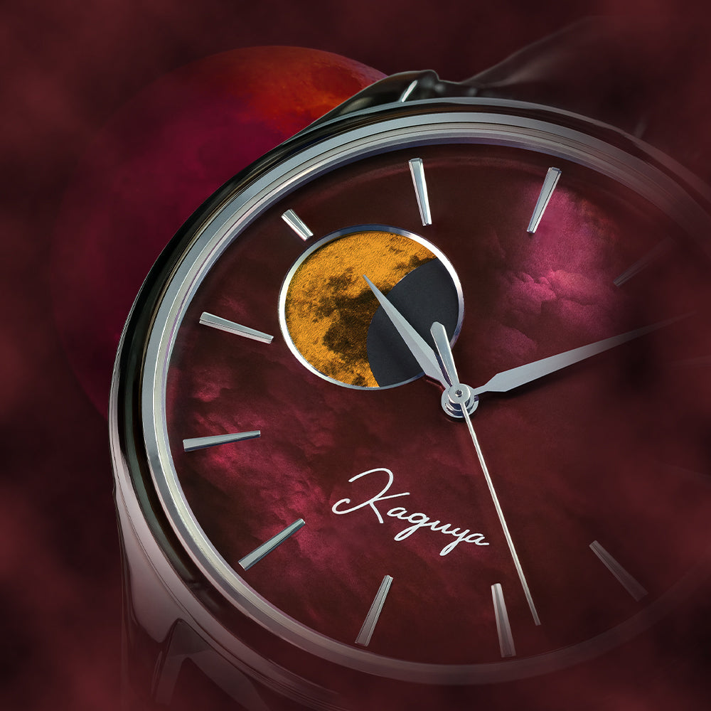 「日本文化インスピレーション 茜色と月見の要素を取り入れたデザイン腕時計」
キーワード：日本文化, 茜色, 月見, デザイン腕時計