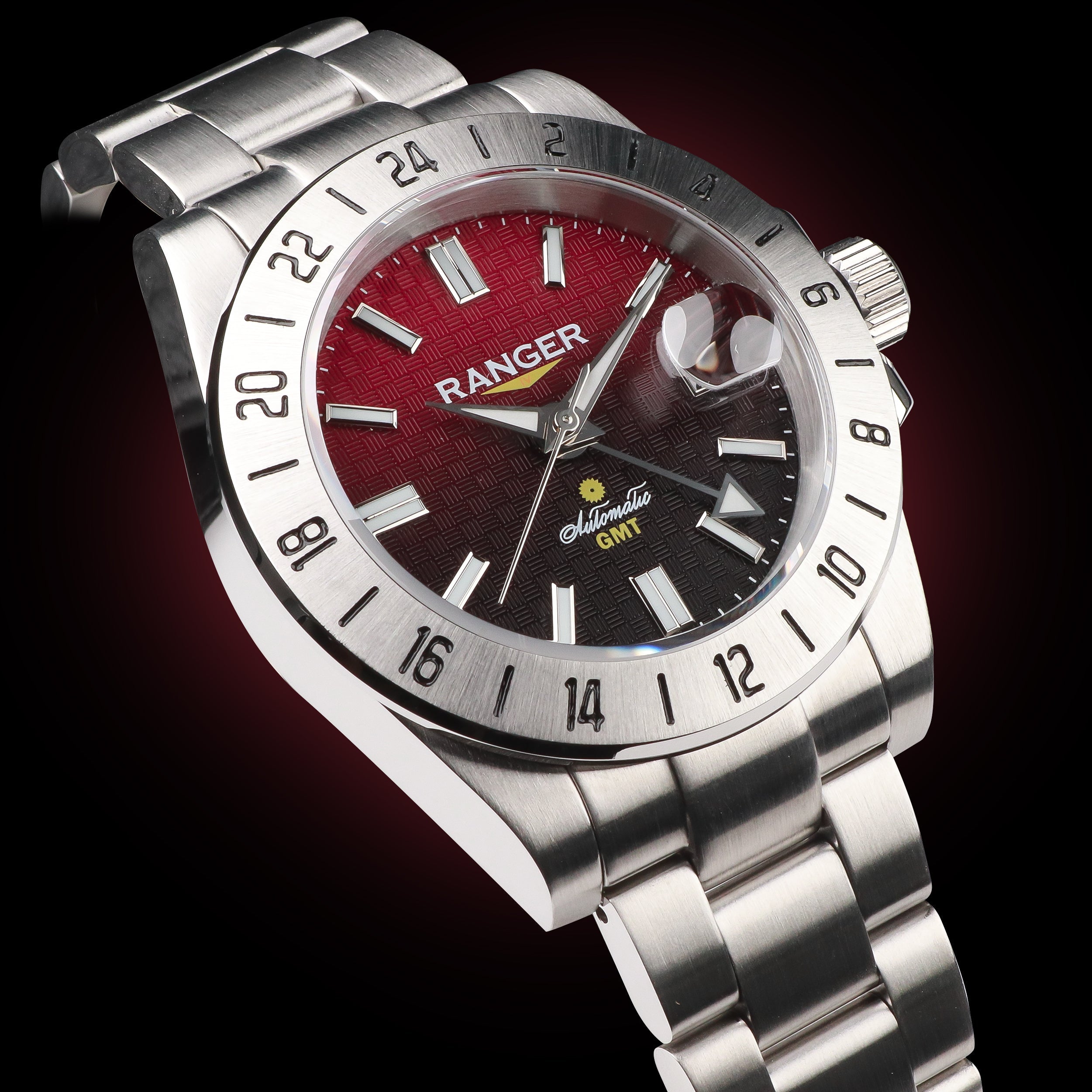 Ranger IV 赤富士 プロダクトページ。テクスチャーのあるダイアルとグラデーションのダイアルを備えたGMT自動巻き腕時計の画像 NH34 Seiko Movement 