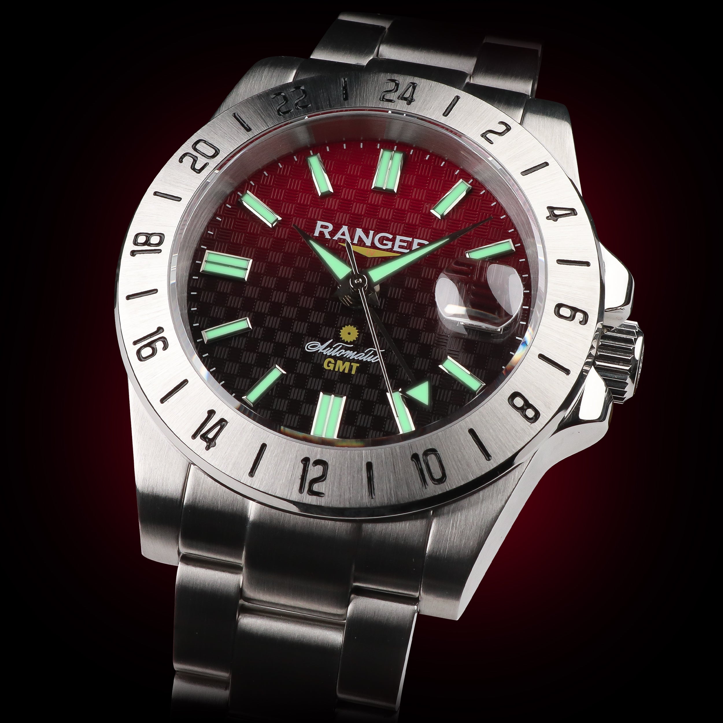 Ranger IV 赤富士 プロダクトページ。テクスチャーのあるダイアルとグラデーションのダイアルを備えたGMT自動巻き腕時計の画像 NH34 Seiko Movement 